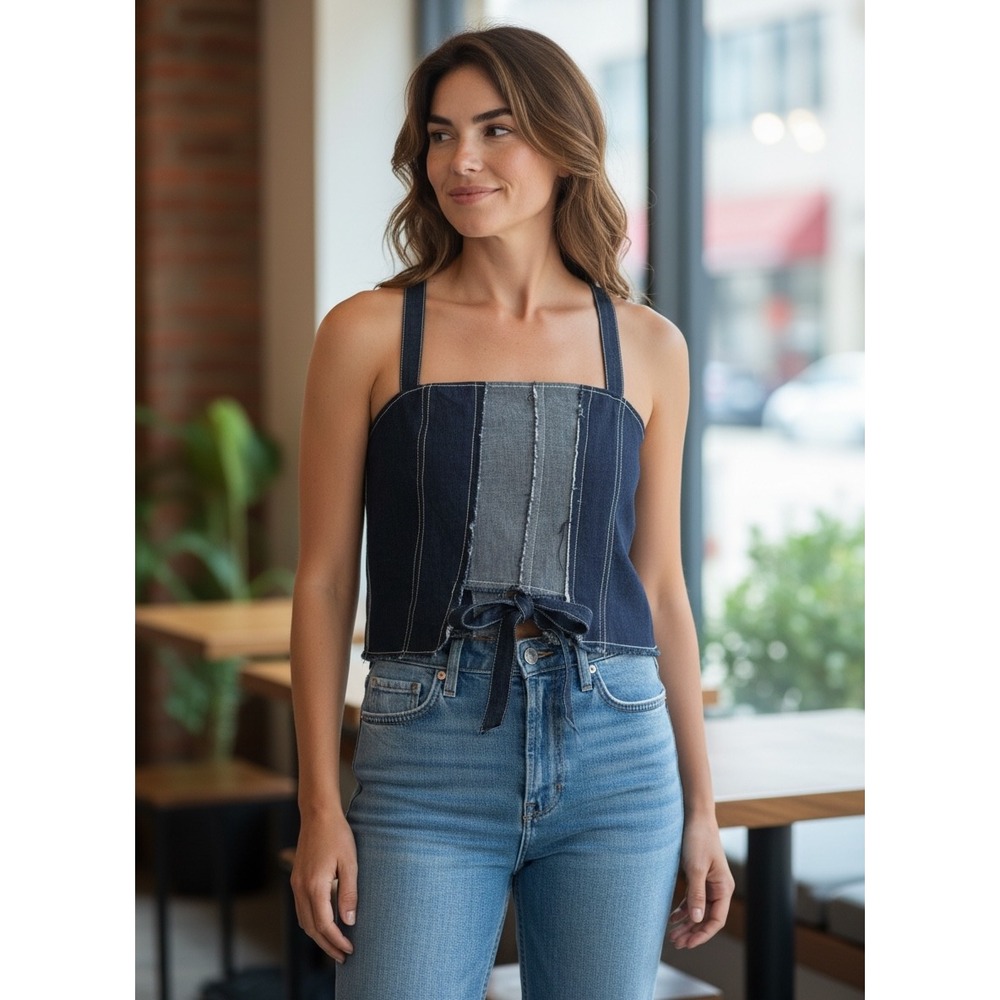Urban Outfitters Denim‎ Corset Top Patchwork Lace Up Bustier Indigo XL